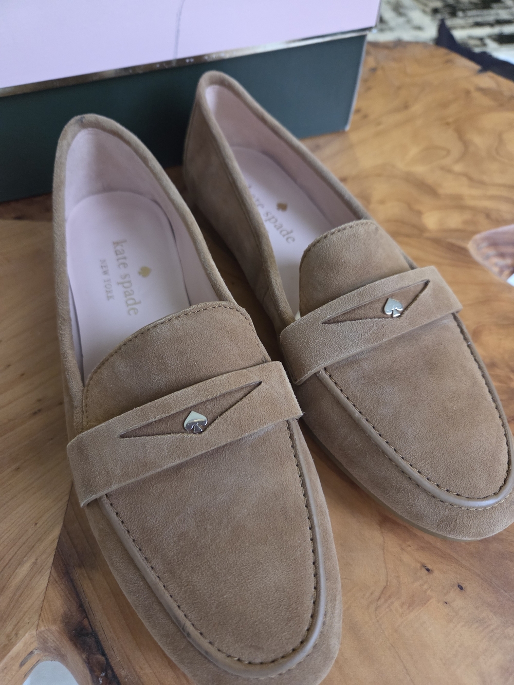 kate spade Tan Suede Slip-On Loafers with Heart Accent